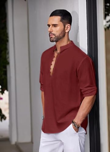 Image of Macsivo Men's Stylish Mandarin Collar Kurta | Casual Ethnic Fusion Shirt for Daily, Party & Travel | Full Sleeves | Cotton Blend Comfort Fit Short Kurta