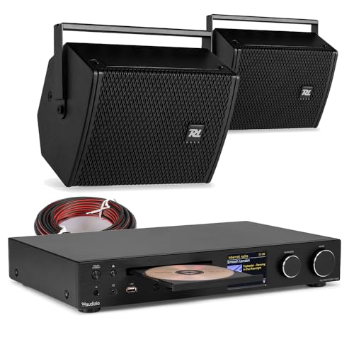 2x PDW5B Wall Mounted Stereo System, CD HiFi Home Audio with Bluetooth, DAB+ Radio, FM, TV Input, Internet Streaming, Integrated Amp & Passive Speakers Set – Black