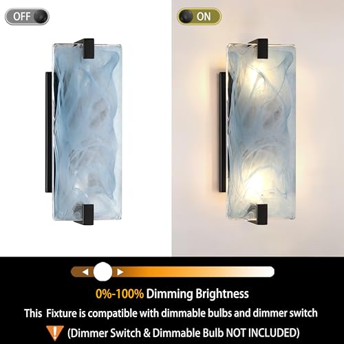 Image of 12.7 inch Art Blue Square Glass Bathroom Modern Wall Sconce Fixture for Bedroom Hallway Bedside 2 Pack 2 Light Black Wall Sconce
