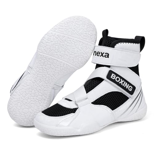 Mavonexa Kids Boxing Shoes Boys Girls Youth Wrestling Shoes Lightweight Breathable Fitness Training Powerlifting Sneakers (White Black 4)