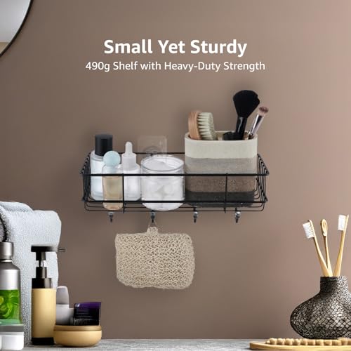 Image of Amazon Basics Self-Adhesive Wall Shelf - No-Drill Multipurpose Bathroom /Kitchen Organizer with Hooks and Towel Holder, Rust Proof GI Steel Organizer | Black, 28.2 x 9.8 x 11.5 cm, Pack of 4