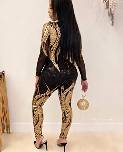 Oluolin Women Sexy Sparkly Sequins Lace Up Backless Deep V Neck Sleeveless Bodycon Long Jumpsuit Romper Clubwear Xx-Large #TOP1