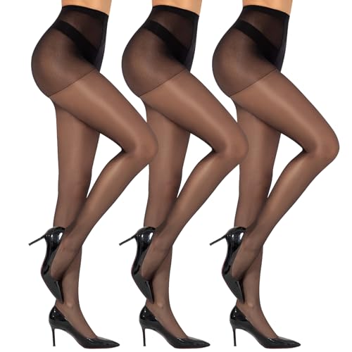 MANZI 3 Pairs Women's Ultra Sheer Silky High Waist Tights Control Top Transparent Glossy Pantyhose with Reinforced Toes Black X-Large