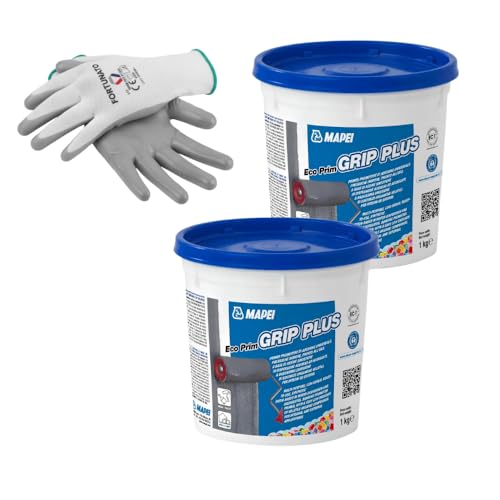 MAPEI Eco Prim Grip Plus Kit Primer Universale, 2 x 1 kg, con Guanti Protettivi in Nitrile, Resine Sintetiche, Certificato EC1 Plus, per Piastrelle e Superfici Difficili