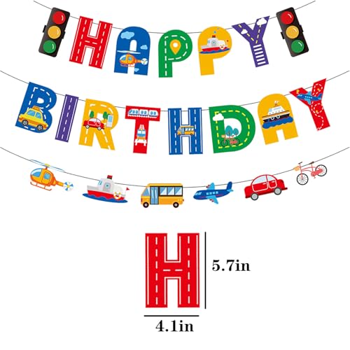 GOTPASS Transportation Happy Birthday Banner Transportation Theme Birthday Party Decorations for Kids Boys Car Bus Train Plane Ship Helicopter Traffic Light Photo Props Garland