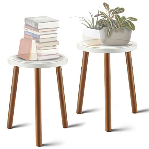 LITADA Wood Plant Stand (Set of 2) Mid Century Small Side Table, 15.8’’ Tall – Round Side End Table Flower Pot Holder Home Decor (Plant and Pot NOT Included) (2 Pack, White )