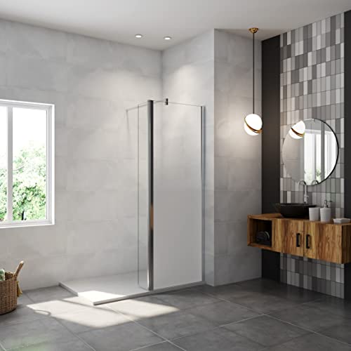 AICA paroi de douche à l'italienne 80x200cm Modèle Brume avec retour pivotant 40x200cm, paroi de douche en 8mm verre trempé avec barre de fixation 90cm en carré