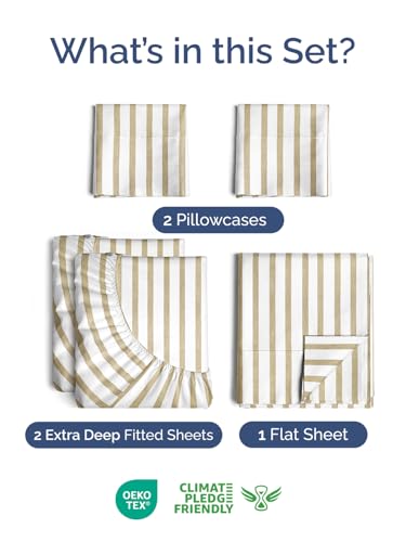 Image of Extra Deep Split King Sheet Set - 7 Piece Cooling Sheets - Beige Stripes | Hotel Luxury Bed Sheets Set, Easy & Secure Fit, Ultra-Soft, Wrinkle & Fade Free, Comfy Sheets Set with Extra Deep Pockets