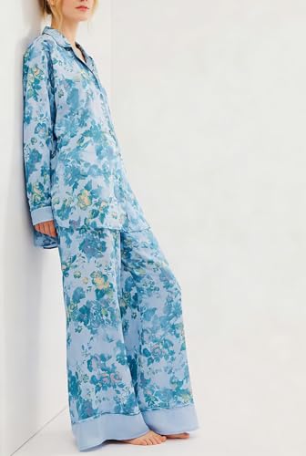 Image of Women Satin Pajama Set Floral Silk Pajamas 2 Piece Lounge Sets Button Down Shirts Wide Leg Pants Pjs Sleepwear