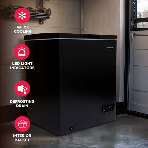 Image of FRIGIDAIRE EFRF5003-BLACK Chest Deep Freezer-Garage-Ready, 5.0 Cu. Ft. Capacity, Black-Adjustable Thermostat-Removable Vinyl Coated Wire Basket-Easy Defrost Drain