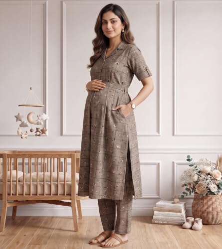 Image of DUMMY SHAPE Feeding Dresses for Women Full Set | Cotton Blend Maternity Kurta Pant Suit with Dual Nursing Zippers, Side Pocket to Pre & Post Pregnancy | Mom to Be Gifts