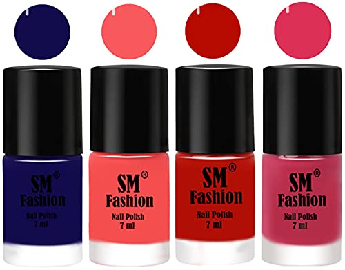 Image of Nail Polish Combo Set (Pack of 4) Quick Dry Gel Finish Nail Paint | Dark Blue,Light Pink,Red Orange,Dusty Pink | 7 ml Each