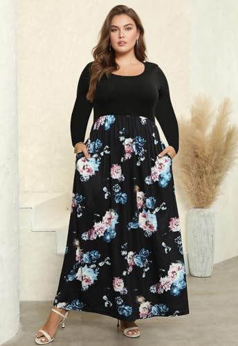 Image of Nemidor Women Plus Size Casual Maxi Dress Long Fall Pockets | Size 14-26 plus, elastic waist, long sleeve, round neck, loose, boho, curvy, winter, wedding, daily, vacation, work, holiday