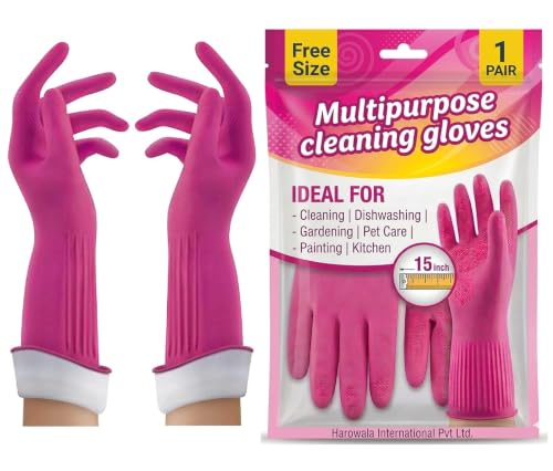 Image of Pink Multipurpose Rubber Gloves| Cleaning| Kitchen| Dishwashing | Gardening | Pet Care | Painting | Reusable| Non-Slip| Latex-Free| Heavy Duty| Waterproof| 15 INCH. (1 PAIR)