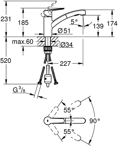 GROHE QUICKFIX Start - Kitchen Sink Tap Mixer with Pull-Out Dual Spray (Low Spout with 90° Swivel Area, 1-Hole Easy Install with Fast Fixation, Requires Min 1.0 Bar, Tails 3/8 Inch), Chrome, 30531001