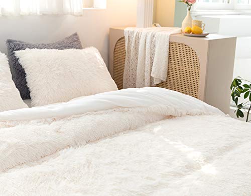Janzaa Faux Fur Comforter,Fuzzy Queen Comforter Set,Plush Beige Comforter Set 3 Pieces Shaggy Comforter Set,Plush & Velvet Flannel Comforter (1 Queen Comforter Set+ 2 Pillow Cases) #TOP5