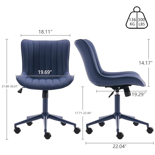 Image of YOUNIKE Office Desk Chair with Wheels Armless Vanity Chair Modern Navy Blue | Faux Leather Upholstered with Rocking Back, Swivel Height Adjustable, Small Cute Computer Rolling Task Chair Ergonomic
