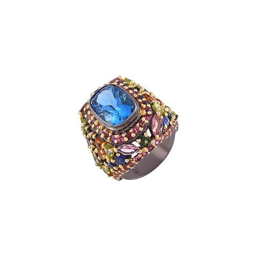 Bague en argent rhodié noir et topaze bleue, le cadeau précieux idéal