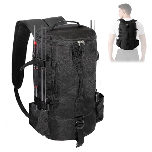 FishingPepo Fishing Tackle Backpack with Rod & Bottle Holder, Lightweight Outdoor Water-Resistant Fishing Gear Shoulder Storage Bag (Black)