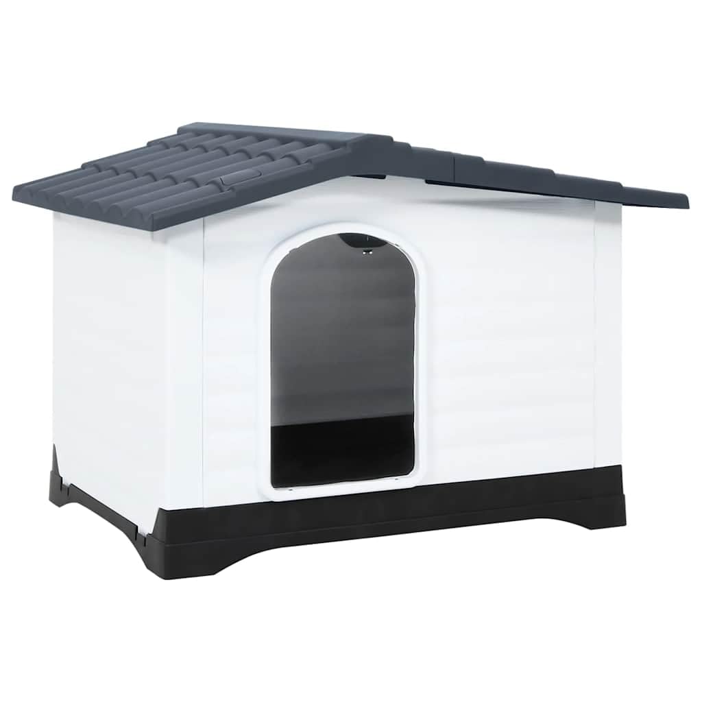 Robusta cuccia per cani grigia in polipropilene resistente, 90,5 x 68 x 66 cm, con buona ventilazione e pratico tetto a punta per protezione da pioggia e sole