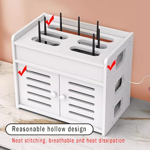 Boîte rangement routeur et décodeur TV en bois marron 30cm avec cache-câbles intégré