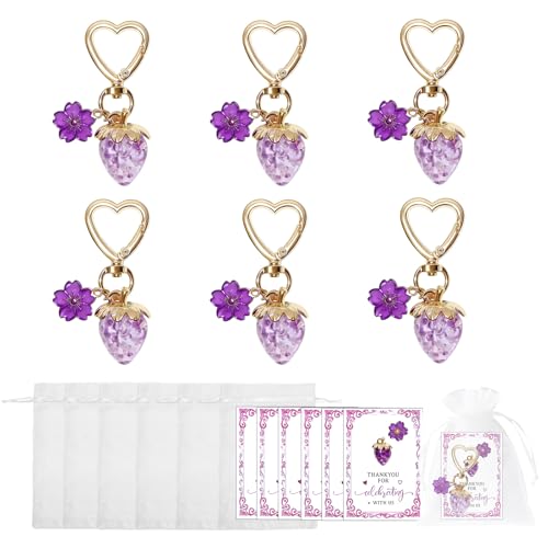 6 Ste Strawberry Keychain Favors Set,Kawaii Heart Keyring with Pink Flowers