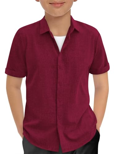 Haloumoning Boys Short Sleeve Dress Shirts Kids Summer Beach Button Down Shirt 5-14 Years, Wine Red, 13-14 Years