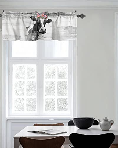 Onehoney Window Valances Kitchen Short Curtains, Farm Cute Cow With Flower Wreath Rod Pocket Valance Drapes Decorative Window Treatment For Living Room Bedroom Bathroom Retro Grey Animal Art #TOP6