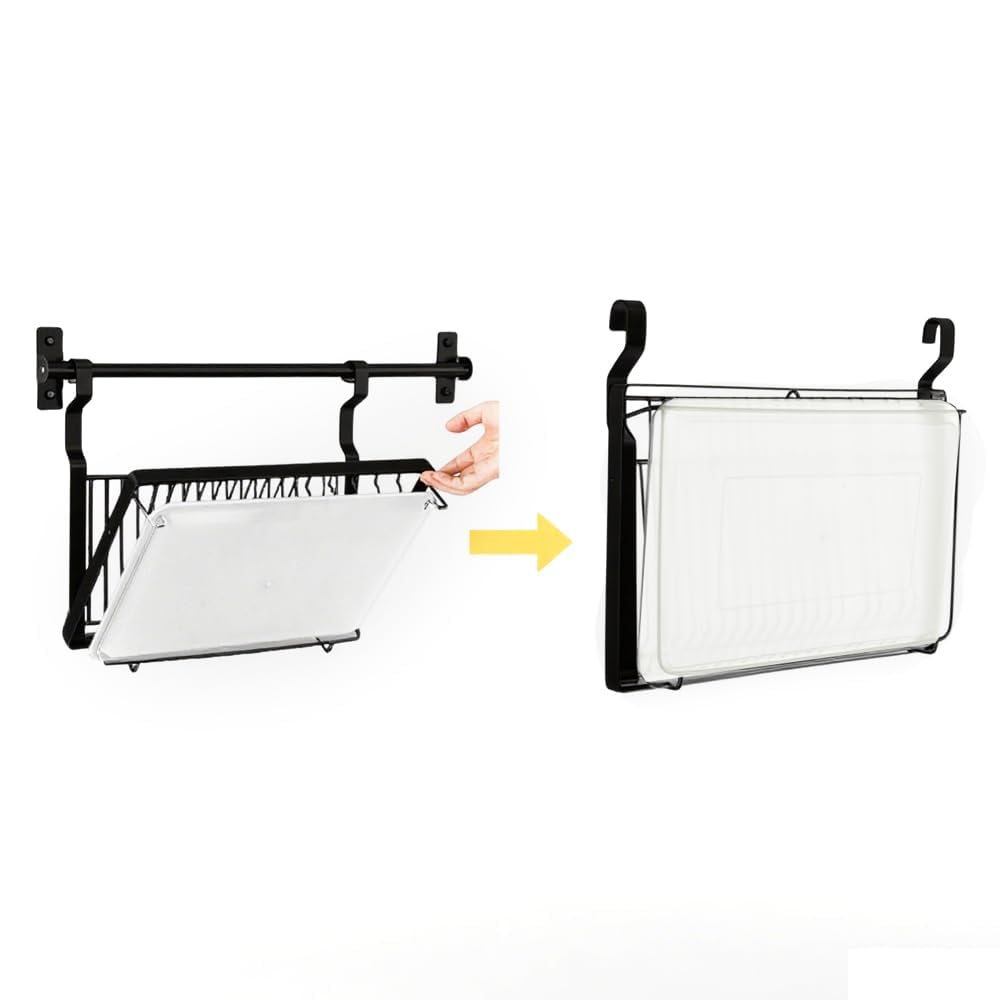 Abtropfgestell Faltbar Hängend Abtropfständer mit Stange Geschirrtrockner zum aufhängen Geschirrständer Klappbar Edelstahl Abtropfregal Geschirr Teller Relingsystem Wand Dish Drying Schwarz