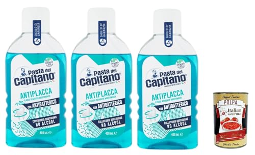 Pasta del Capitano Collutorio Antiplacca – Agua bucal antiplaca, higiene bucal 3 x 400 ml + Polpa italiana Gourmet 400 g