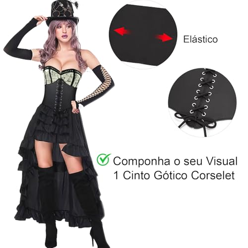 Cinto Gótico Corselet Espartilho + Flor Cabelo e Broche (BR, Alfa, Único, Regular, Preto)