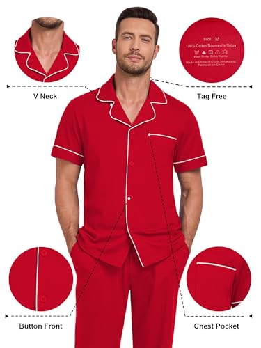 Image of COLORFULLEAF 100% Cotton Mens Pajamas Set Short Sleeve Loungewear with Long Pants Button Down Sleepwear Soft Comfy Pj for Men