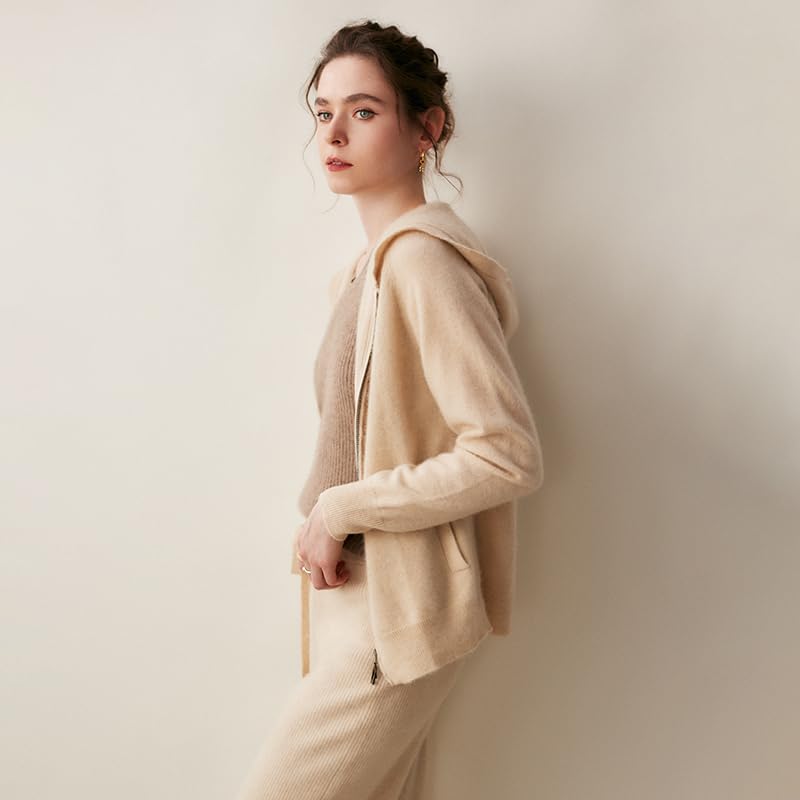 Women's Fall and Winter 100% Cashmere Zipper Open Long Sleeve Hoodie2