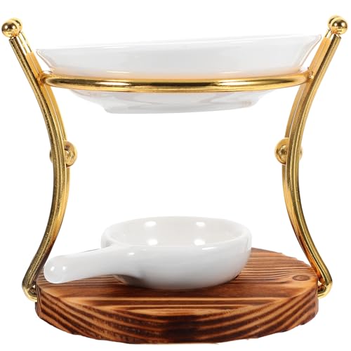 JOINPAYA Quemador de Cera Aromática Difusor de de Cerámica Quemador de Aceites Decorativo con Base de Madera y Soporte de Hierro, Difusor de Adecuado para Hogar y Oficina