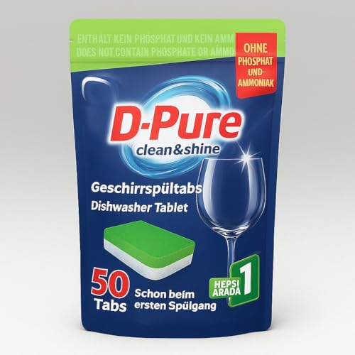 D-Pure - Pastillas para lavavajillas, todo en uno, extrafuertes, limpieza definitiva, brillo y protección, sin fosfatos ni amoniaco (100 unidades)