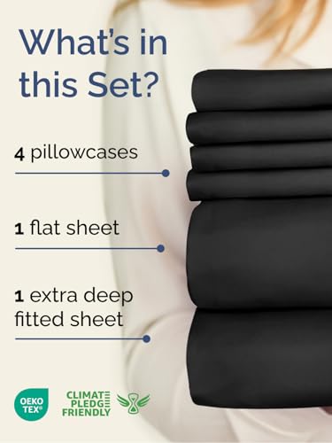 Image of Extra Deep King Sheet Set - 6 Piece Breathable and Cooling Sheets - Black | Hotel Luxury Bed Sheets Set, Easy & Secure Fit, Ultra-Soft, Wrinkle & Fade Free, Comfy Sheets Set with Extra Deep Pockets