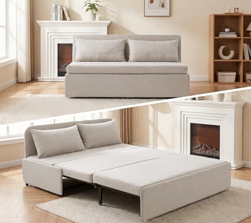 Image of BALUS 2 in 1 Queen Size Sleeper Chair Pull Out Sofas Couch with Pullout Beds, 43 inch W Convertible Guest Sleepers Chair Bed Sofabed with Pillows and Mattress for Living Room Apartment Loft, Beige