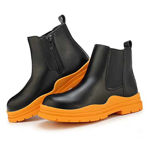 Hawkwell Boys Girls Low Heels Ankle Boots Unisex Kids Side Zipper Chelsea Booties (Toddlers/Little Kids/Big Kids),Black Orange Pu 13 M Us #TOP5