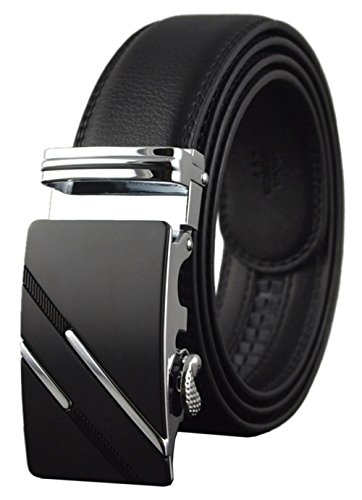 QISHI YUHUA Ratchet Belt for Men, Slide Men's Belt with Genuine Leather 1 3/8,Trim to Fit - Black,137-M