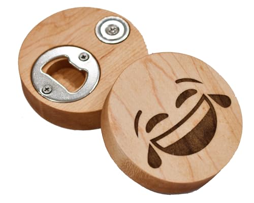 Magnetic Emoji Bottle Opener – Handmade USA Maple Wood – Funny Emoji Gift for Kitchen, Bar or Fridge – Great for Men & Women, Birthdays or Housewarmings (Smiling Crying)