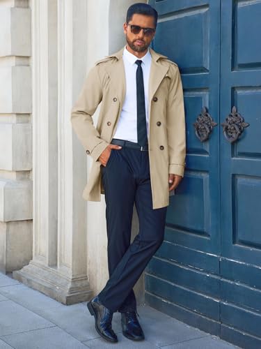 Runcati Men's Trench Coat Double Breasted Notched Lapel Long Jacket Belted Windbreaker Casual Slim Fit Overcoat4