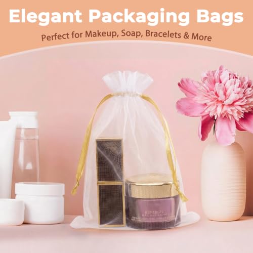 Image of Crweety 50PCS Organza Bags 8x12 Large White Mesh Gift Bags Gold Drawstring | Party Favor Goodie Bag Bulk, Jewelry Sachet Candy Treat Soap Makeup Pouches, Wrap for Wedding Baby Shower Birthday Halloween
