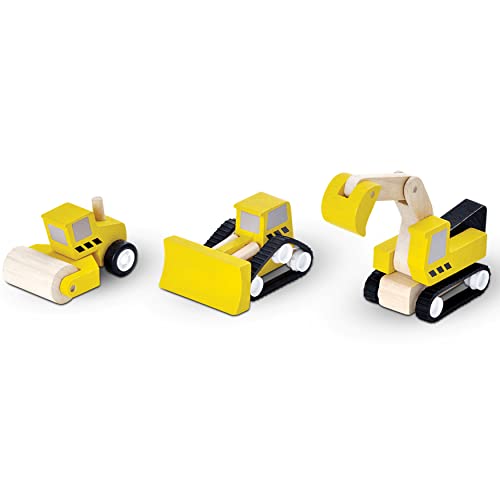 PlanToys 3 Piece Wooden Road Construction Set (6014)| Sustainably Made from Rubberwood and Non-Toxic Paints and Dyes