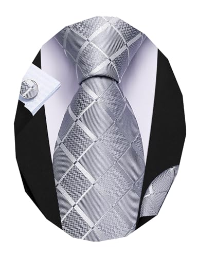 Image of Barry.Wang Plaid Ties for Men Silk Necktie Handkerchief Cuff Links Set