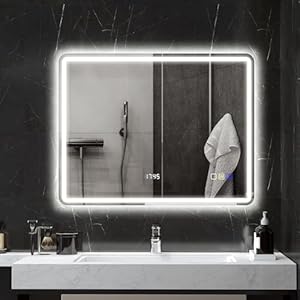 HOMCOM Badspiegel mit Beleuchtung 70x90 cm LED Spiegel Wandspiegel mit Bluetooth-Musikfunktion Uhr Touchschalter Memory-Funktion Lichtspiegel Beschlagfrei mit 3 Lichtfarben Silber