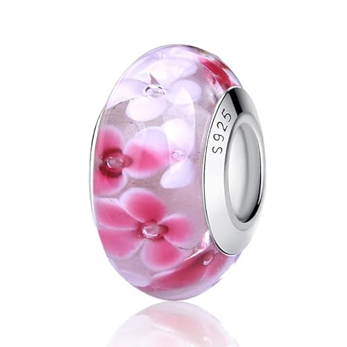 Nbsameng Breloque en Verre de Murano, Charms pour Bracelets et Chaînes pour Femme, Charm en Argent à 925, Breloques Compatibles Pandora, Gnoce et Trollbeads,Fleurs rose prune Cover