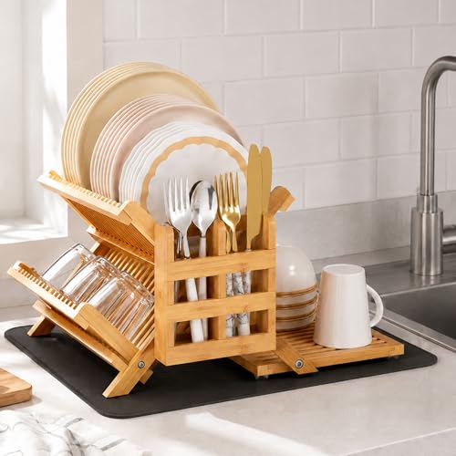 Greenual Bamboo Dish Drying Rack with Utensil Holder