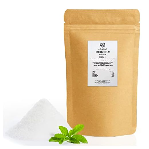 ERBOTECH Erytritolpulver 500 g påse, naturligt sockerersättning med nollkalorier, lämplig för diabetiker, vegan, Made in Italy, utan konserveringsmedel och färgämnen