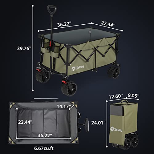 Sekey Collapsible Foldable Wagon With 220Lbs Weight Capacity, Heavy Duty Folding Utility Garden Cart With Big All-Terrain Beach Wheels & Drink Holders. Khaki #TOP5