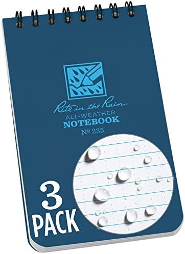 Rite in the Rain Weatherproof Top-Spiral Notebook, 3" x 5", Blue Cover, Universal Pattern, 3 Pack (No. 235-3)